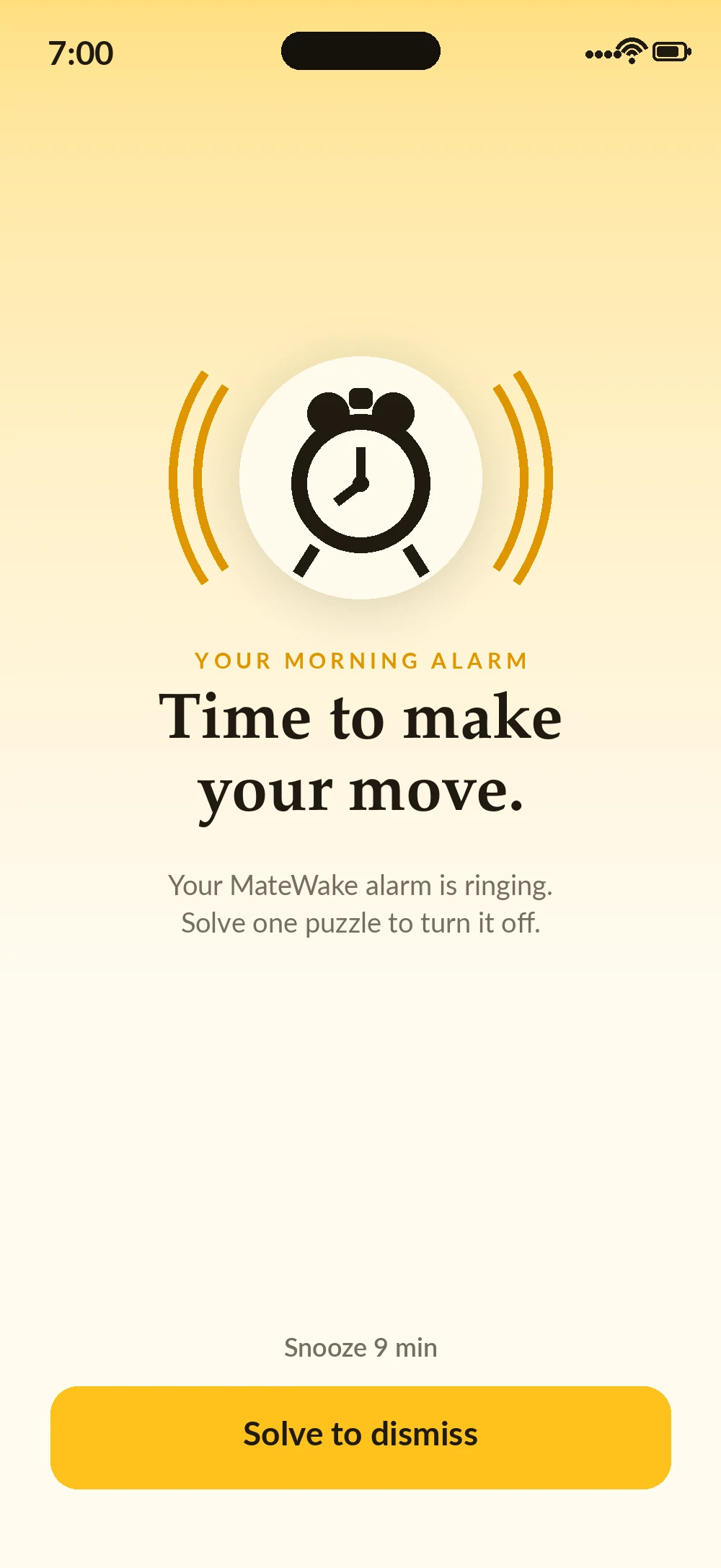 MateWake alarm ringing at 7:00, asking you to solve a puzzle to dismiss it