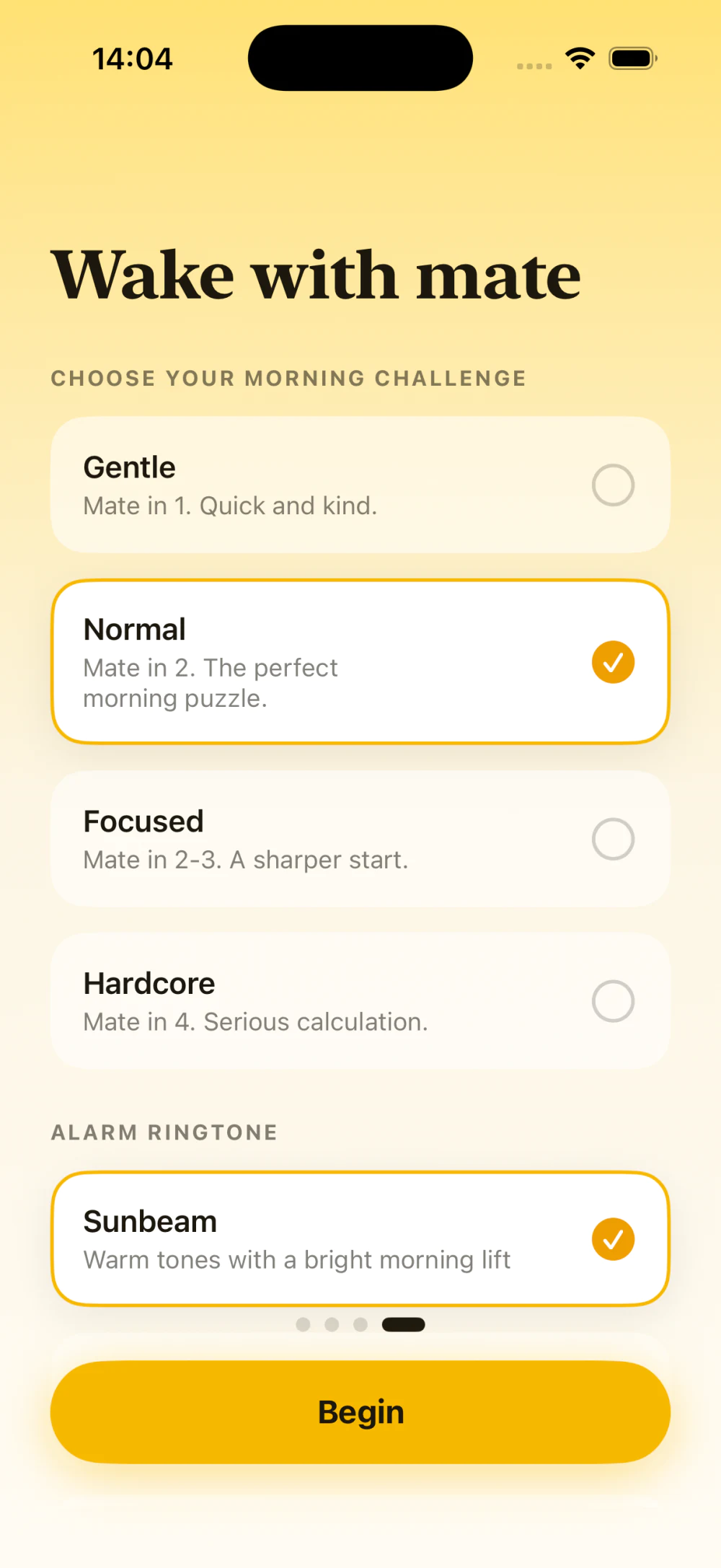 MateWake difficulty selector with Gentle, Normal, Focused, and Hardcore choices