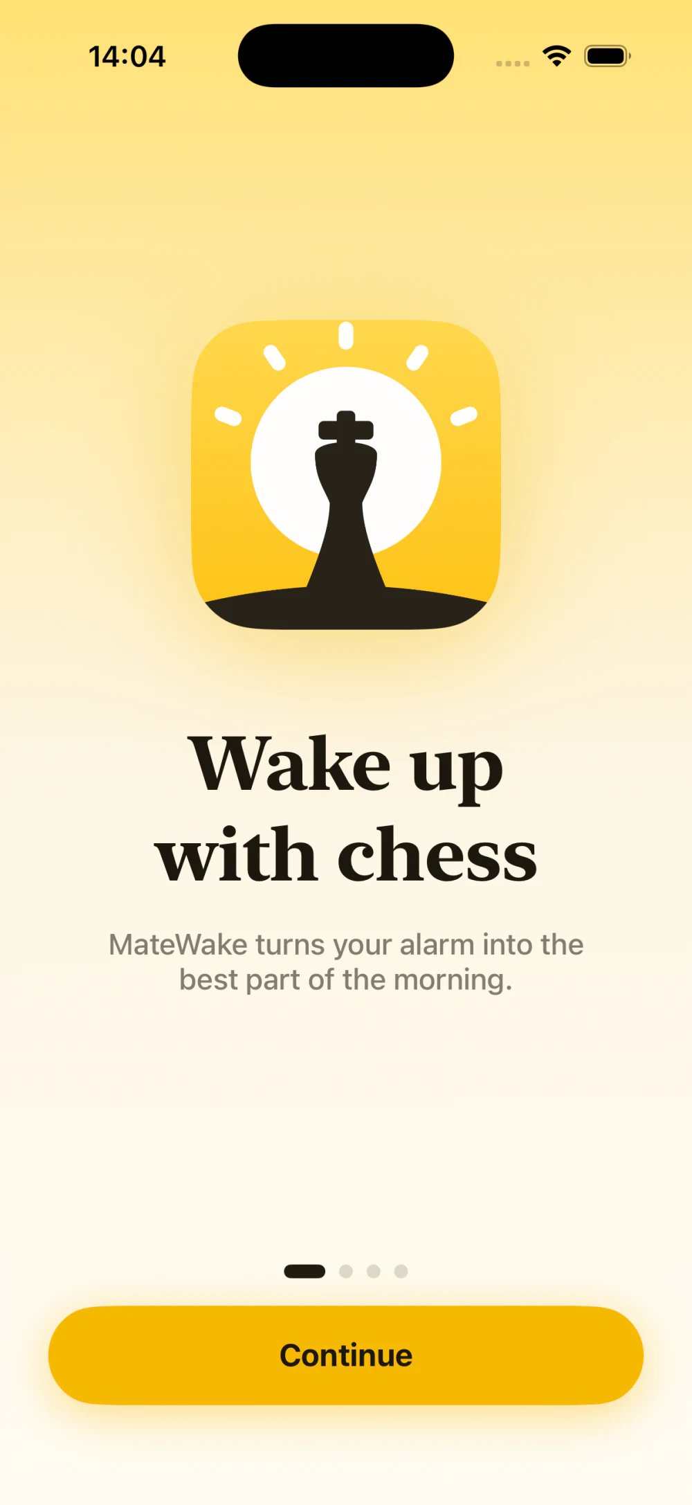 MateWake welcome screen saying Wake up with chess