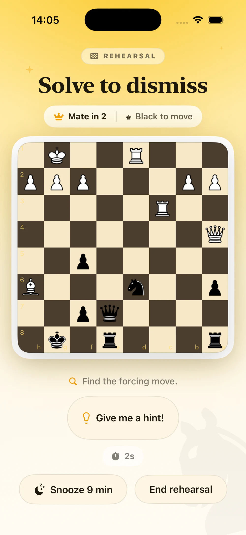 MateWake puzzle screen showing a Mate in 2 challenge and the words Solve to dismiss